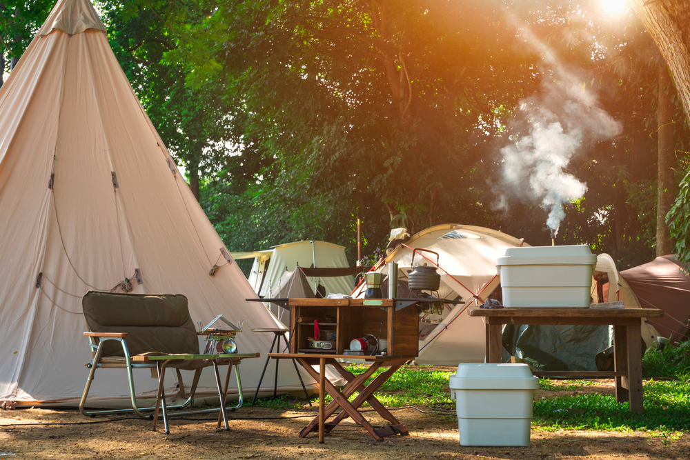 camping with tents and equipment