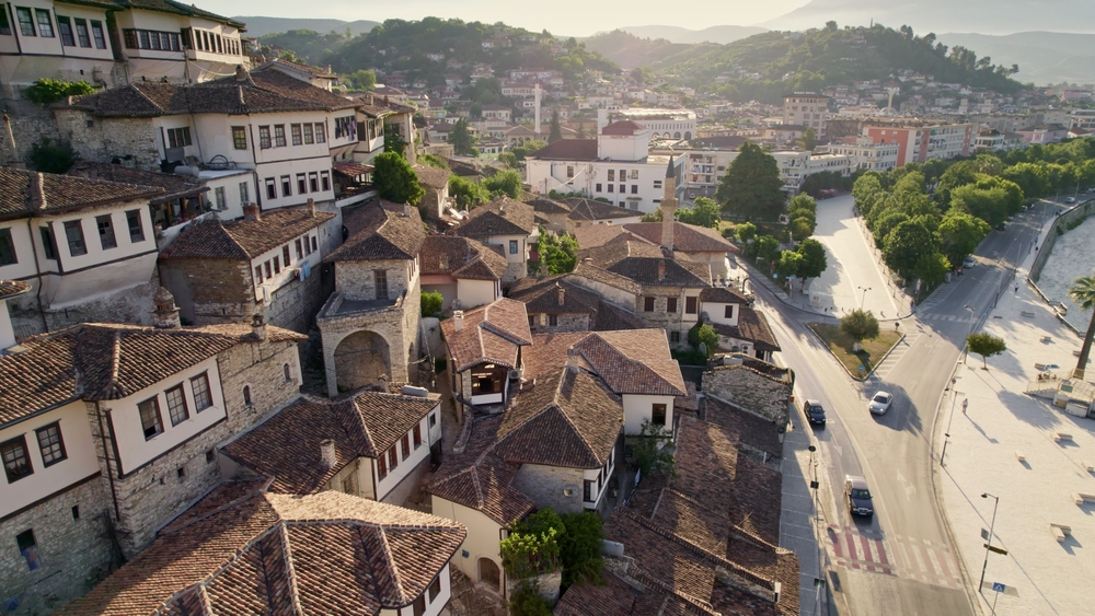 Ottoman houses, mosques and minarets in Berat, Albania