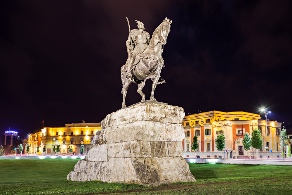 Skanderberg statue in the center, Tirana, Albania