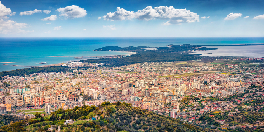 Aerial morning cityscape of Vlore city from Kanines fortress