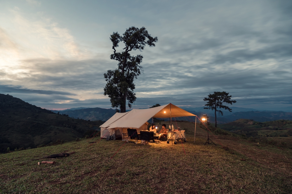 Large tent pitched on a hill